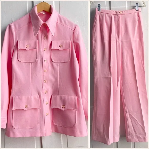 Vintage 70s Bubblegum Pink Dagger Collar Leisure Suit, 4-Pocket Jacket - Picture 1 of 11